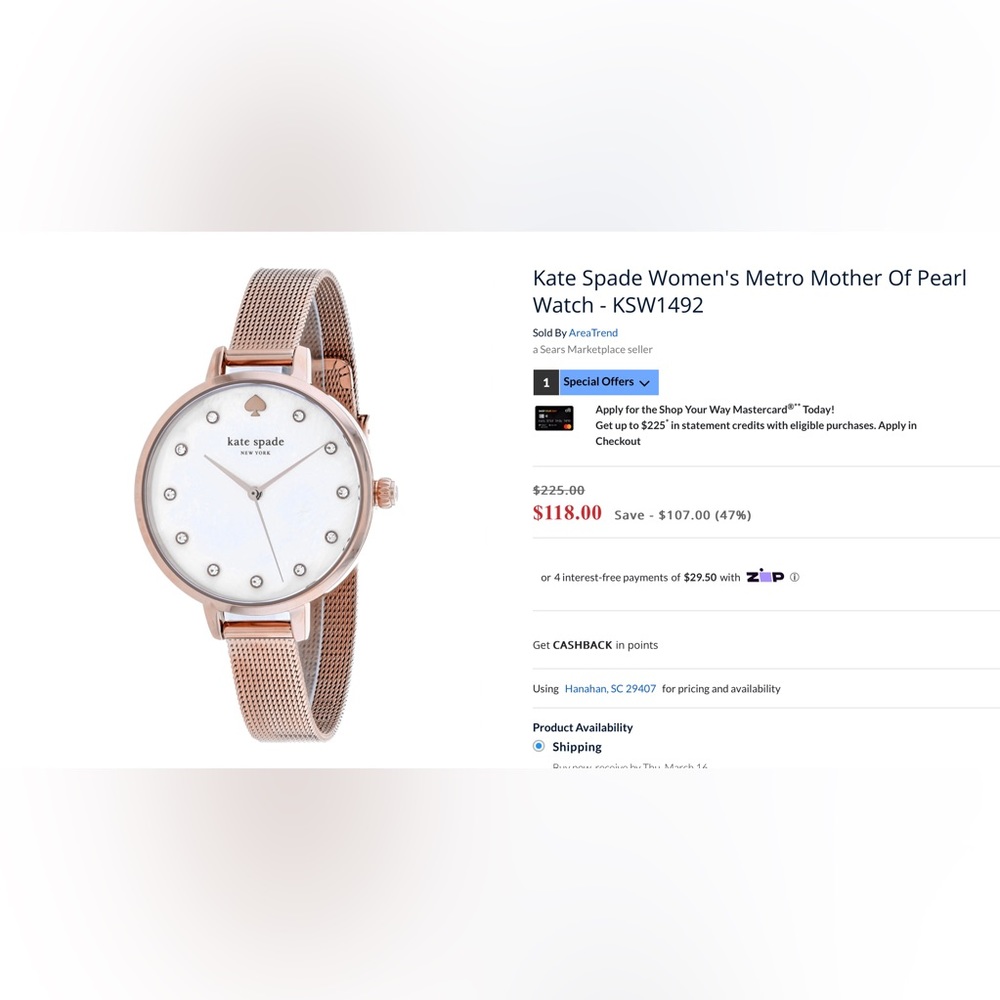 Kate Spade mother of pearl watch